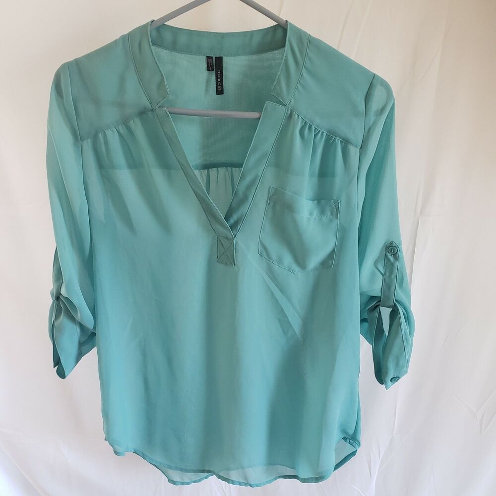 Maurices 3/4 Roll Tab Sleeve Tunic Top Blouse Sheer Green Size Small W/Pocket
